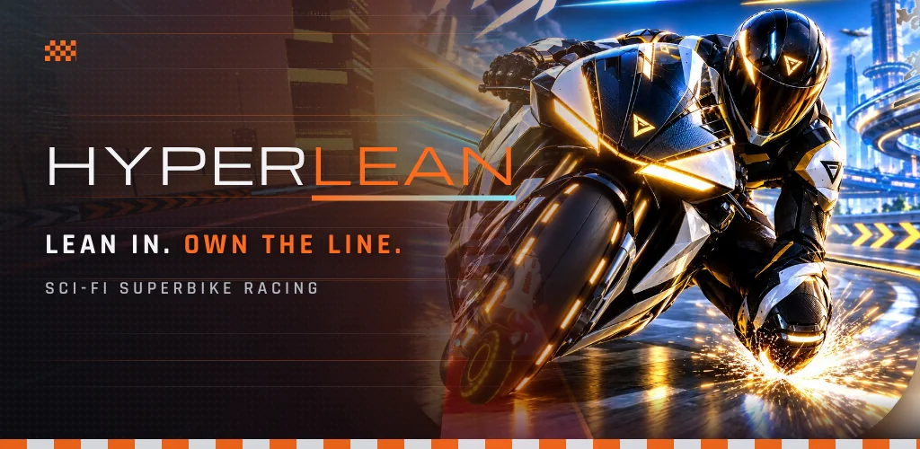 HyperLean, Lean in. Own the line.: a rider in black and white leathers leans a superbike into a corner, knee down, sparks flying.