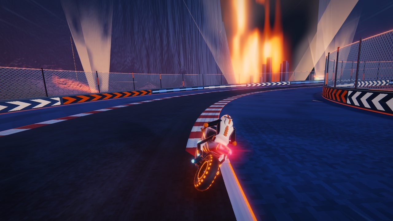 Circuit 8, Basalt Gorge: the bike leans into a bend at the foot of dark canyon walls, a glowing fall of molten fire behind them.