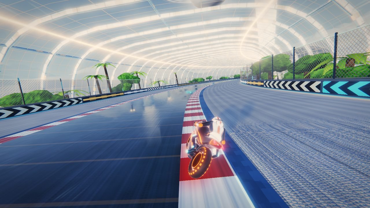 Circuit 9, Canopy Vault: the bike leans on the kerb inside a glass greenhouse tunnel lined with palm trees, beside a glistening wet stretch of asphalt.