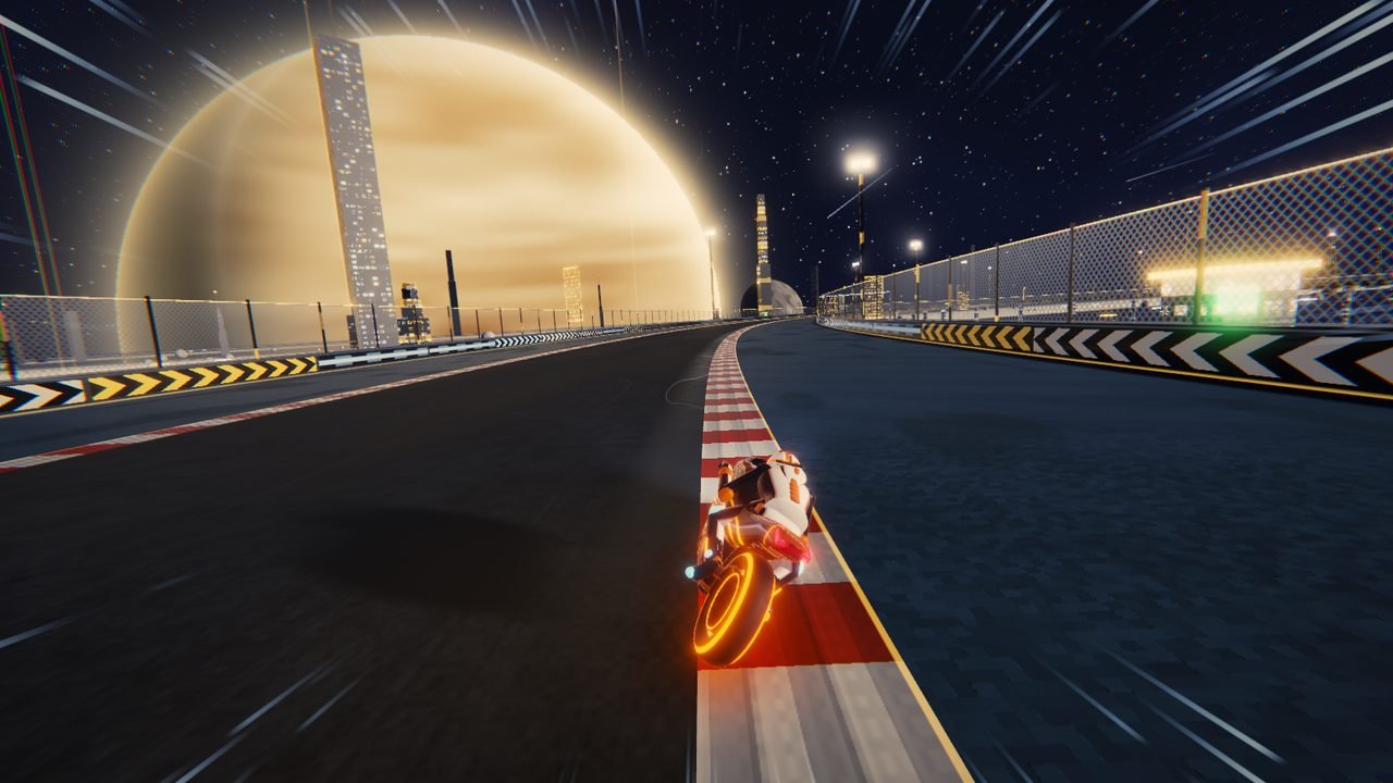 Circuit 7, Cassini Divide: the bike leans on the kerb of a night circuit beneath a giant golden planet and a tall lit tower.