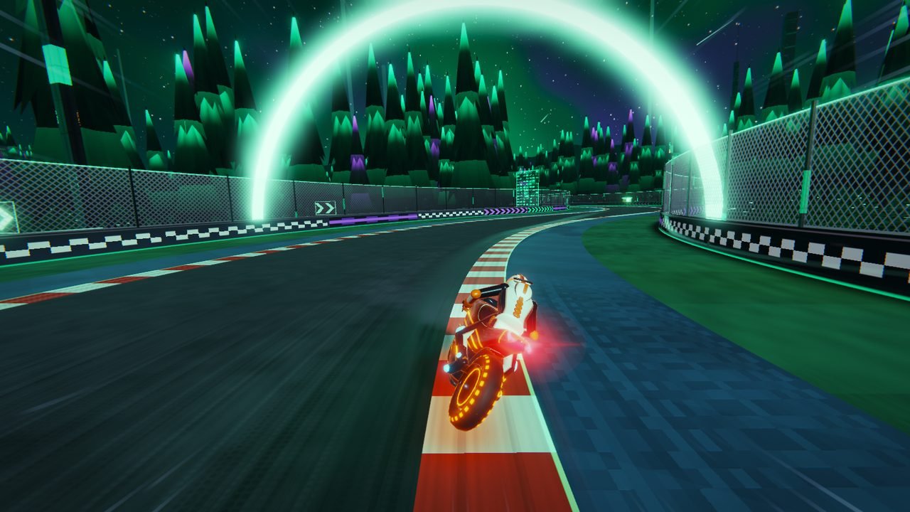 Circuit 14, Emerald Inferno: the bike leans along the kerb toward a glowing green arch, a dark pine forest and a green-and-violet aurora behind.