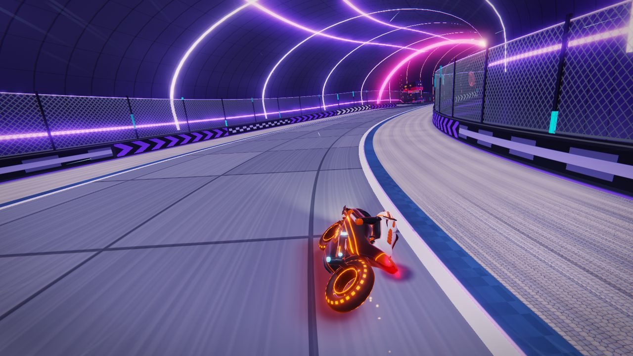 Circuit 18, Hadal Array: the bike leans through a curve inside an underground tunnel ribbed with violet and pink neon.