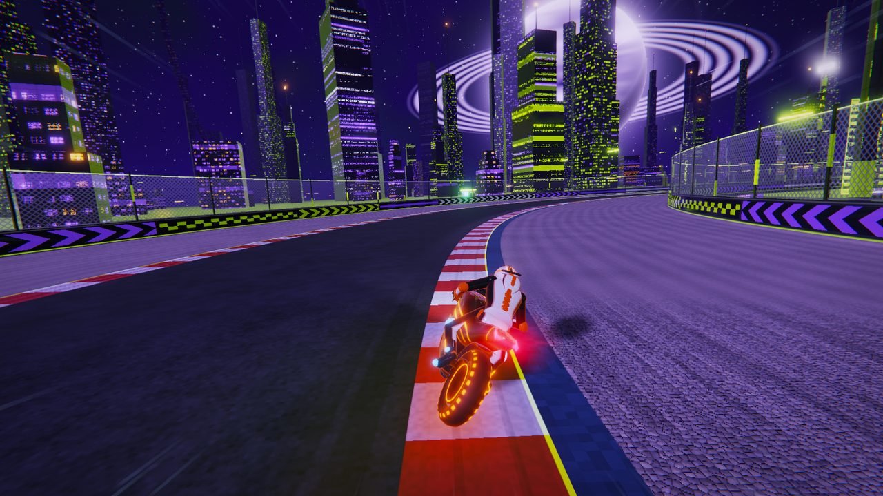 Circuit 16, HyperLean Grand Prix: the bike leans over the kerb at night among neon-lit skyscrapers, a ringed planet glowing above the city of light.
