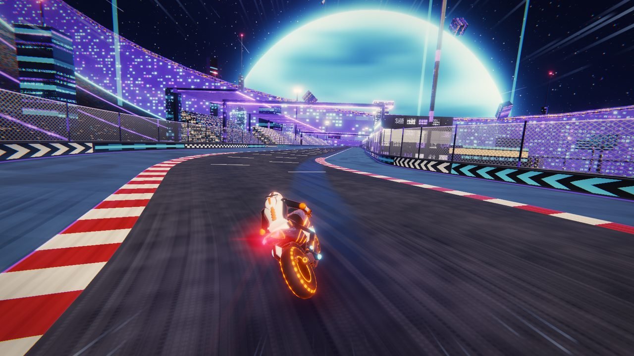 Circuit 6, Lodestone Ring: the bike leans through a curve of a night arena lined with lit stands, under a huge pale-blue moon.