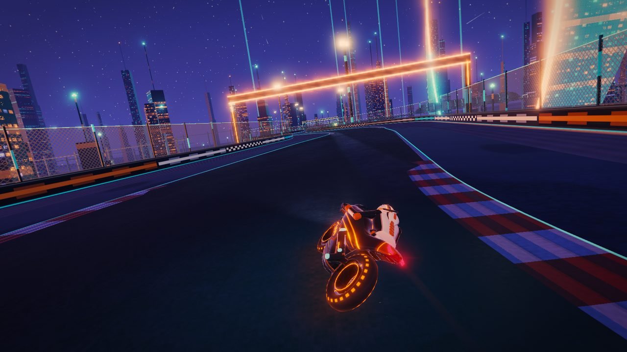 Circuit 12, Möbius Viaduct: the bike leans into a bend of the viaduct toward a glowing orange gantry, with lit skyscrapers around it.