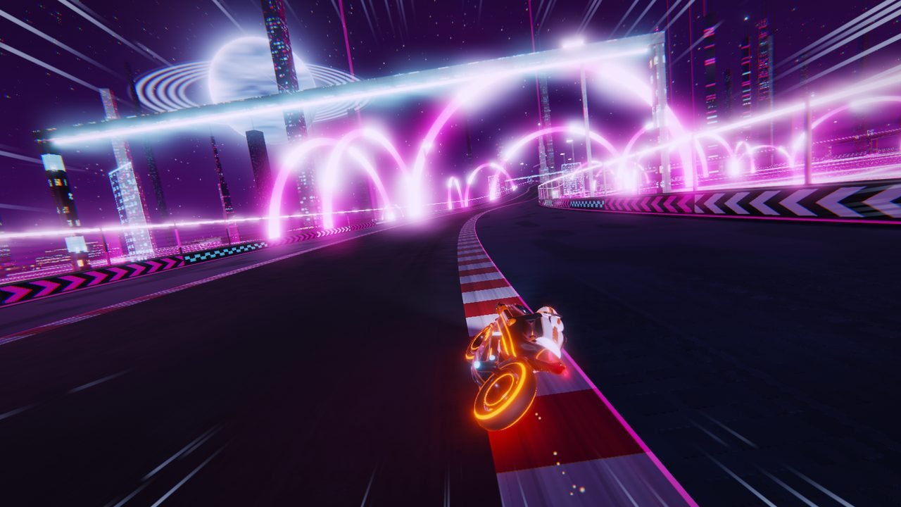 Circuit 4, Plasma Causeway: the bike leans over the kerb toward a gantry and rows of glowing pink plasma arches, a ringed planet in the night sky.