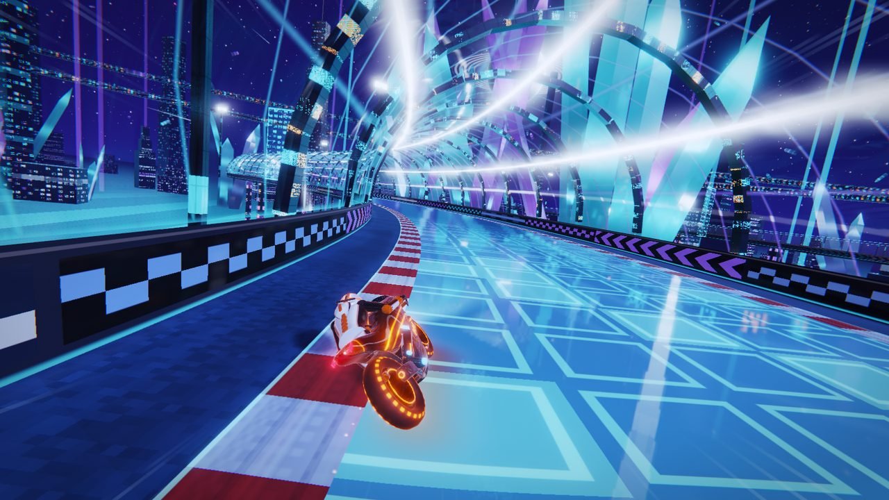 Circuit 3, Prism Lab: the bike leans into a curve beside a glowing glass-tile road, beneath arches of light and giant crystals.