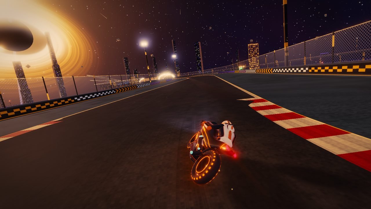Circuit 15, Singularity: the bike leans into a corner at night, the glowing accretion disk of the black hole rising over the horizon.