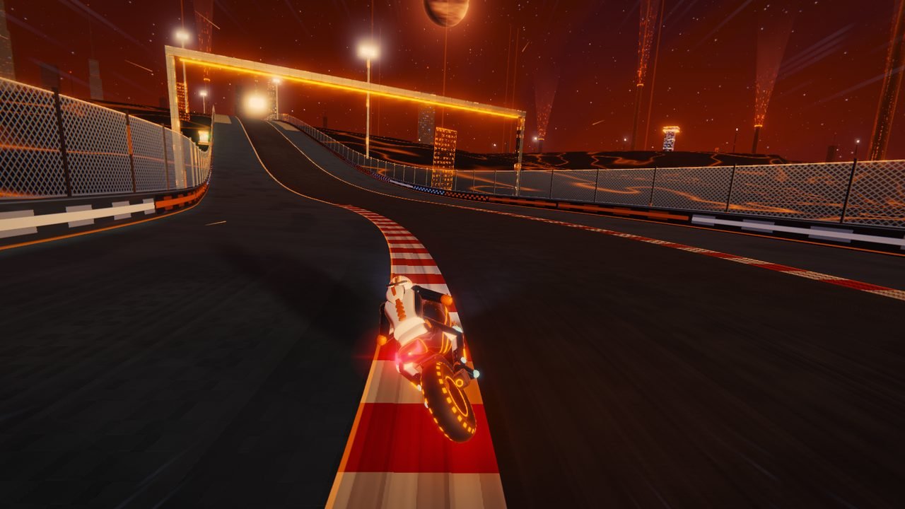 Circuit 11, Stellar Foundry: the bike climbs toward a crest under a lit orange gantry, molten hills glowing beneath a red sky.
