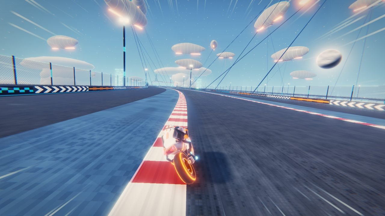 Circuit 13, Stratos Speedway: the bike leans along the kerb of a track high in a bright blue sky, airships floating above the suspension cables.