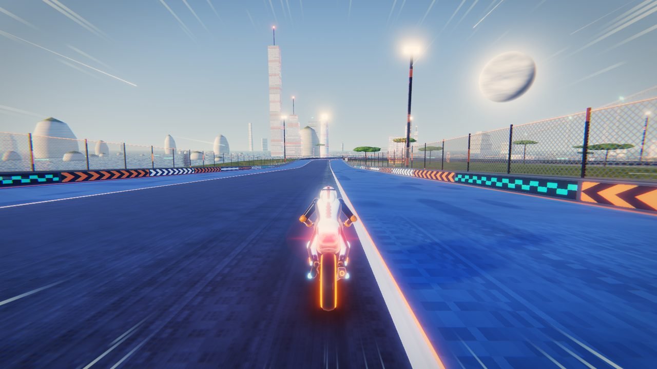 Circuit 10, Thalassa Coast: the bike races down a wide straight under a bright sky, white domes and a slender tower on the horizon and a planet hanging overhead.