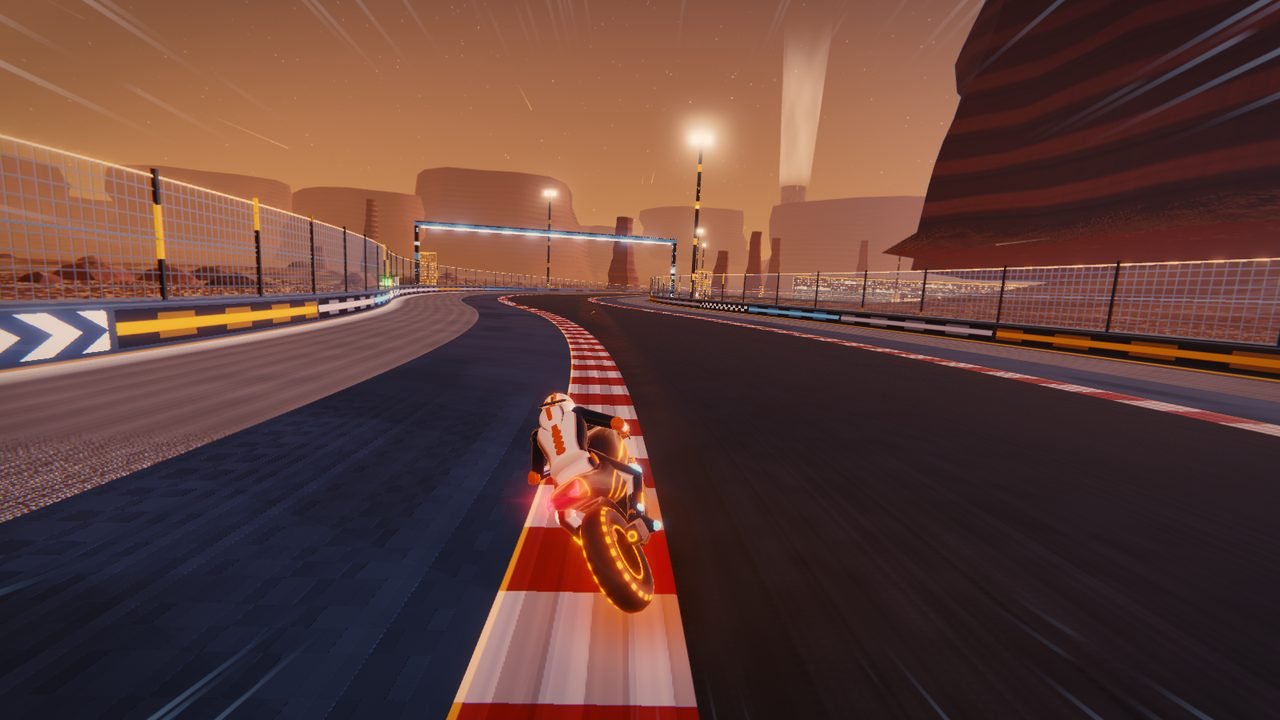 Circuit 2, Tharsis Spire: the bike leans through a bend under a hazy orange Martian sky, red mesas on the horizon and a towering rock face on the right.