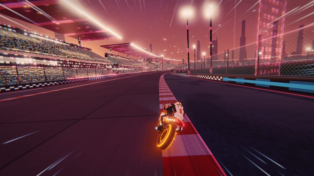 Circuit 19, Zenith Speedway: the bike runs the kerb past a long lit grandstand under a pink dusk sky.